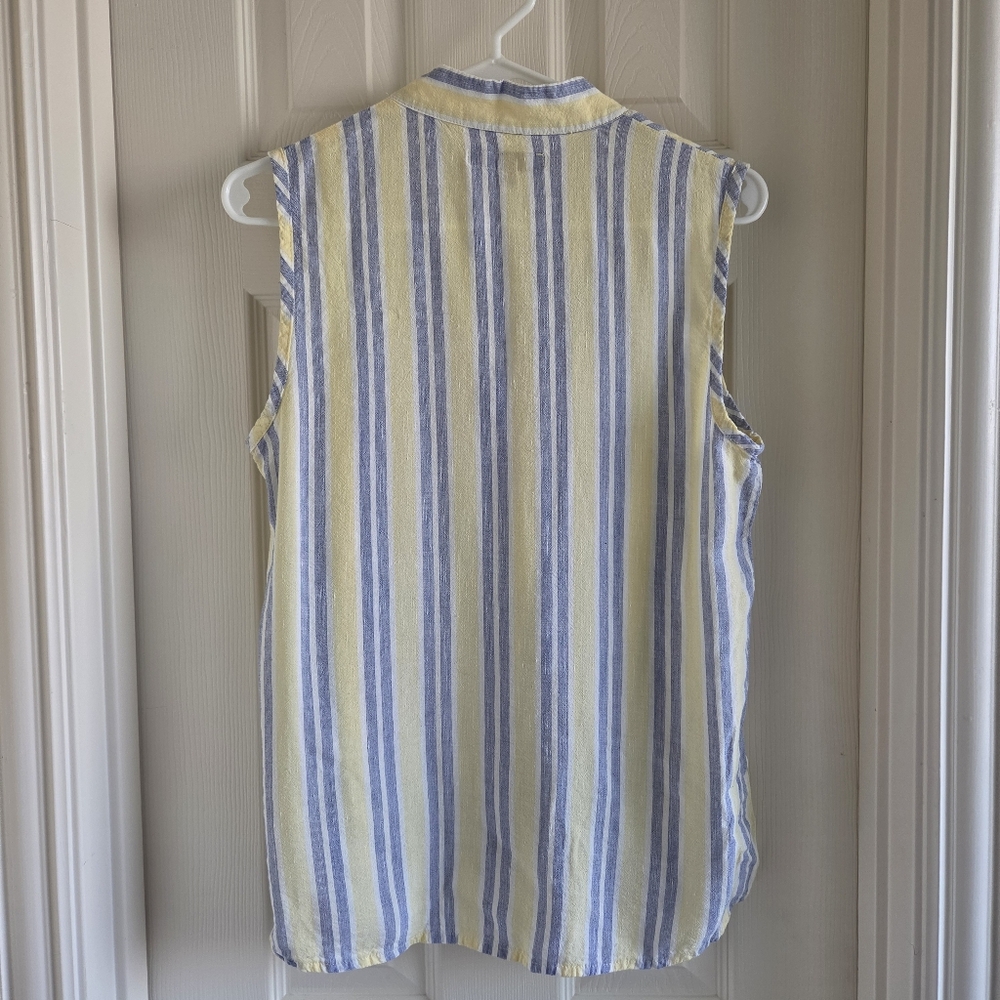 FLAX Viscose‎ Linen Blend Sleeveless Striped Shirt Butter Yellow Blue Size Small - Picture 7 of 7